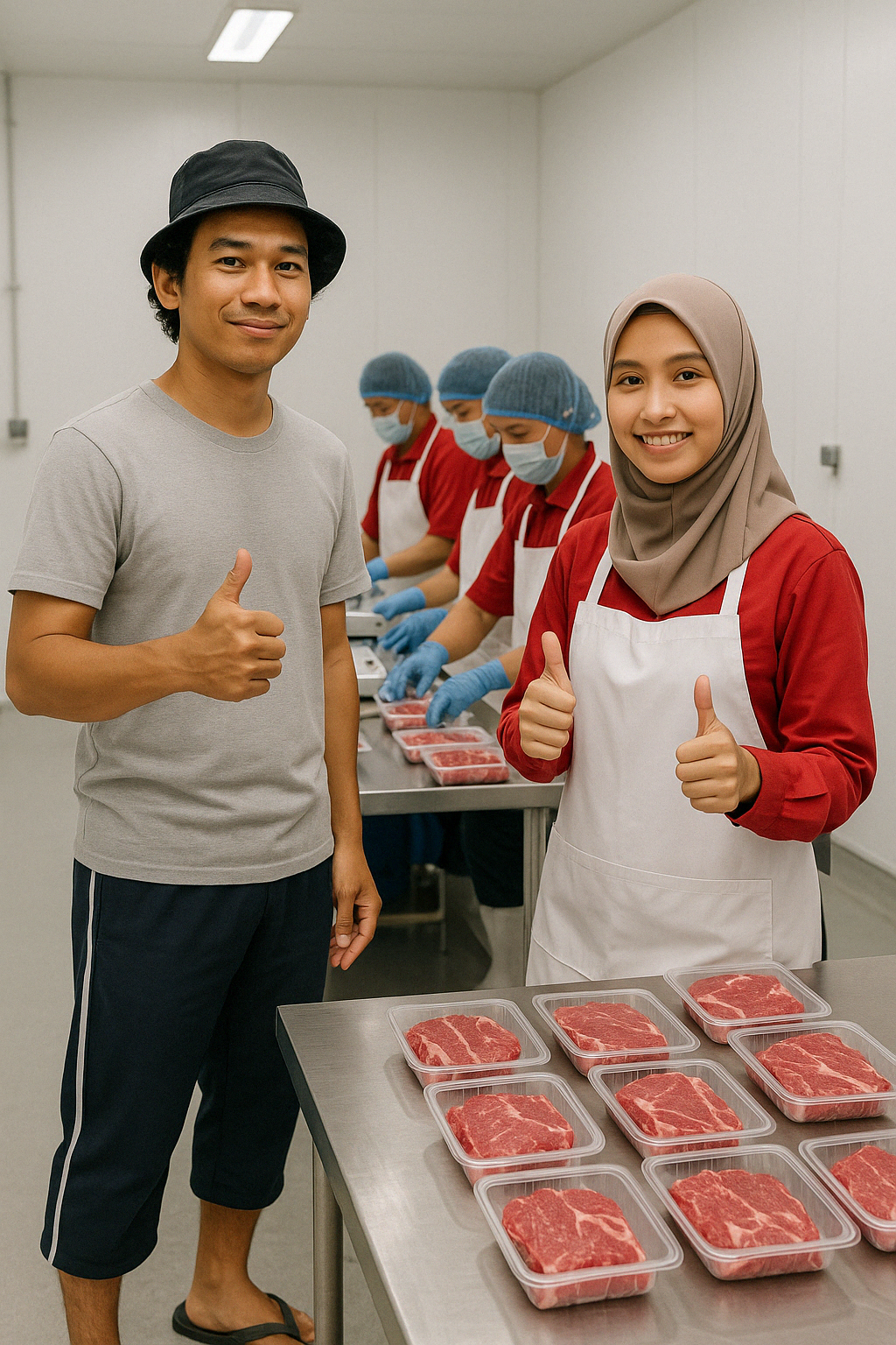 Gambar seorang pria dan beberapa staf gudang toko daging sapi halal Fadagi Meat House
