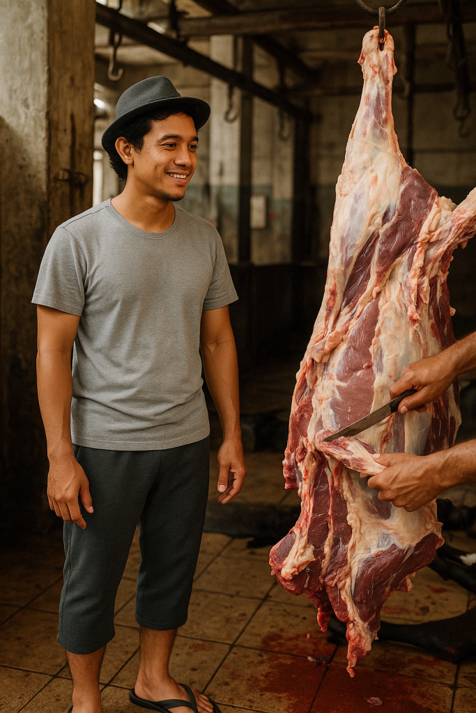Gambar Owner Fadagi Meat House sedang berdiri dekat sapi yang baro dipotong dan sedang di ambil dagingnya