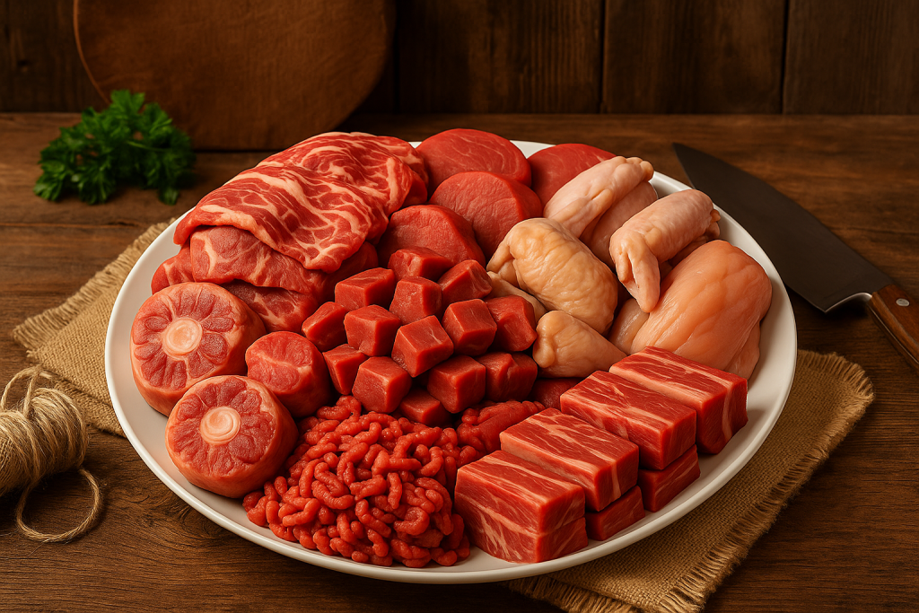 kumpulan daging slice, daging ayam, daging giling di piring besar